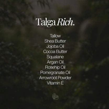 Ingrediensene i Talga Rik Kroppskrem – gressforet talg, sheasmør, kakaosmør og planteoljer