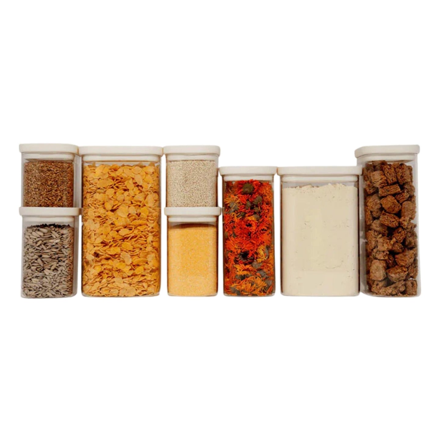 Rektangulære Tallow glassbeholdere med glasslokk fylt med tørrvarer – plastfri oppbevaring.