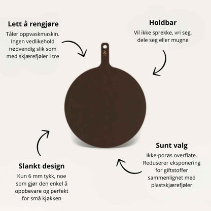 Rundt skjærebrett i trefiber fra Seed & Sprout med illustrerte fordeler som lett å rengjøre, holdbart og ikke-porøs overflate