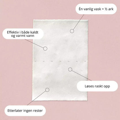 Vaskeark som fungerer i både kaldt og varmt vann, løser seg raskt opp uten å etterlate rester – ½ ark er nok til en vanlig vask.