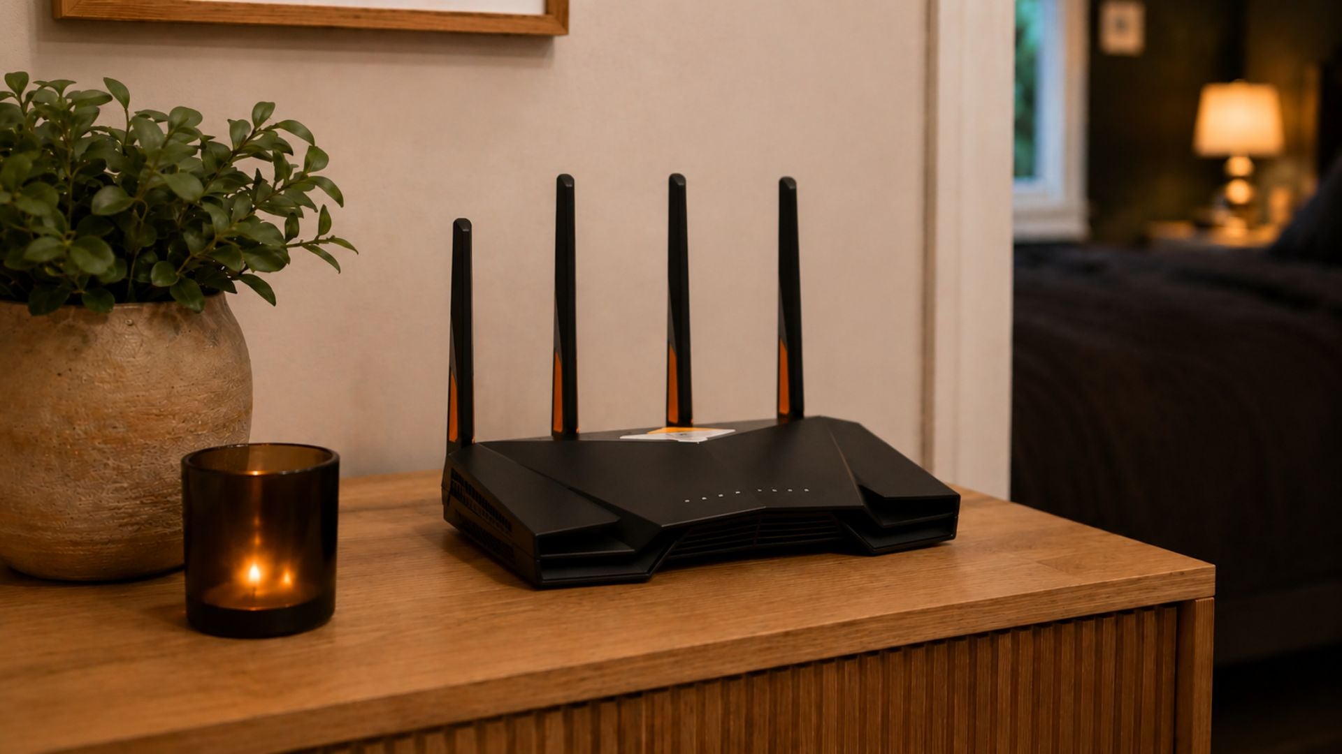 WiFi-ruter i hjemmet som skrus av om natten som del av en kveldsrutine for bedre søvn.