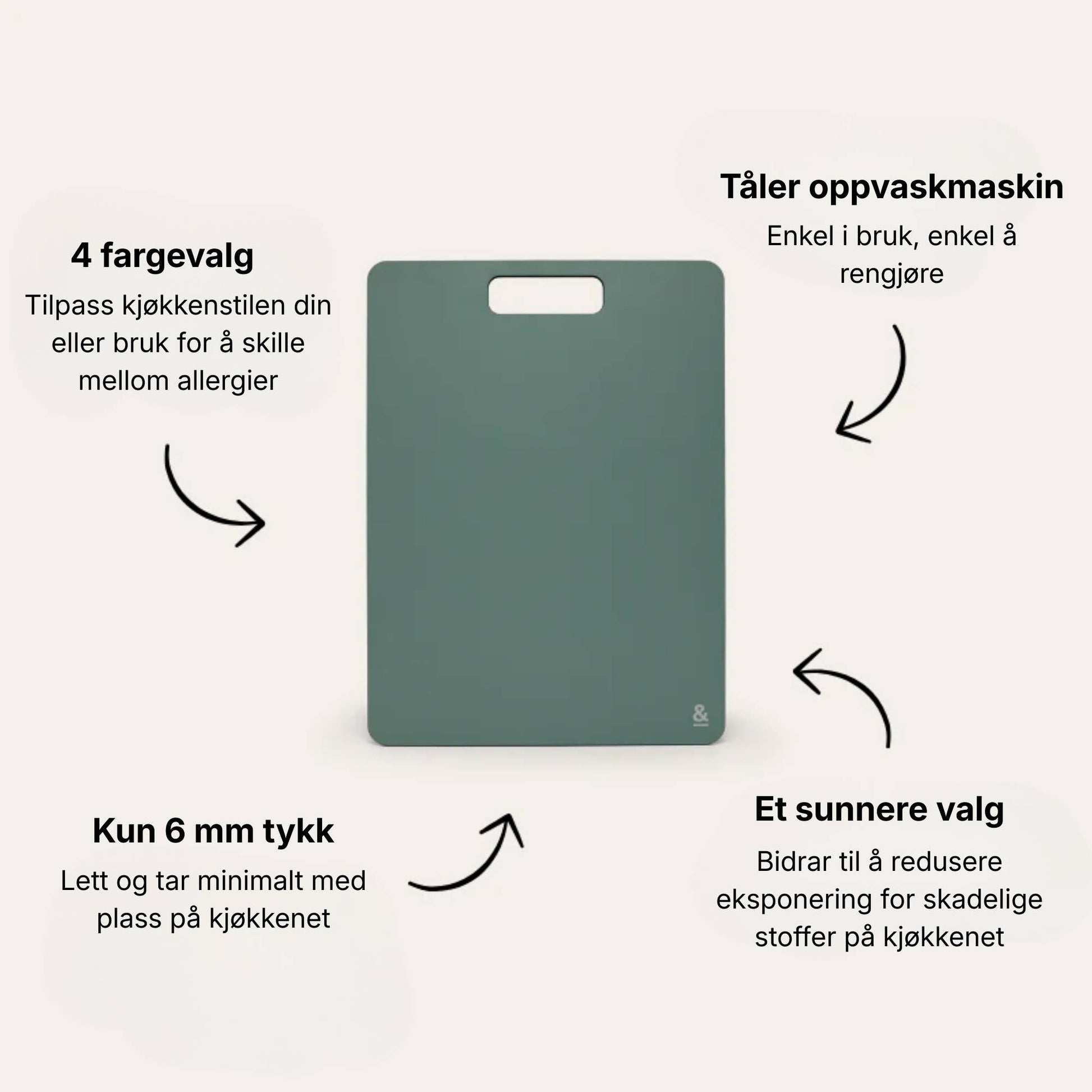 Wood fibre skjærefjøl i fargen Eucalyptus med illustrerte produktfordeler som 6 mm tykkelse, tåler oppvaskmaskin og flere fargevalg.