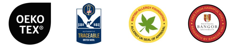 OEKO-TEX®-sertifisering, Wool ID® sporbar britisk ull, Allergy UK Seal of Approval og dokumentert fri for skadelige VOC-er av Bangor University.