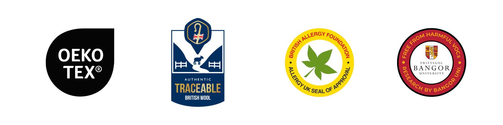 Woolroom sertifiseringer og kvalitetsmerker inkludert OEKO-TEX, sporbar britisk ull, Allergy UK Seal of Approval og Bangor University