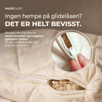 Woolroom ullpute med glidelås uten hempe for bedre komfort og trygghet gjennom natten