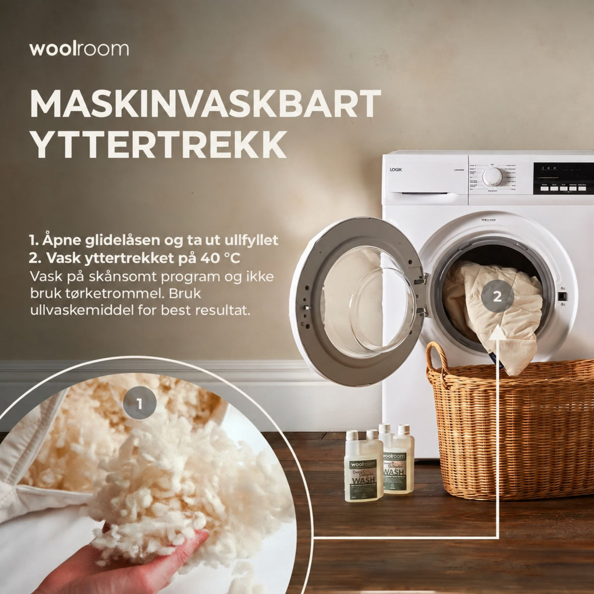 Slik vasker du yttertrekket til Woolroom ullpute i vaskemaskinen etter at ullfyllet er tatt ut