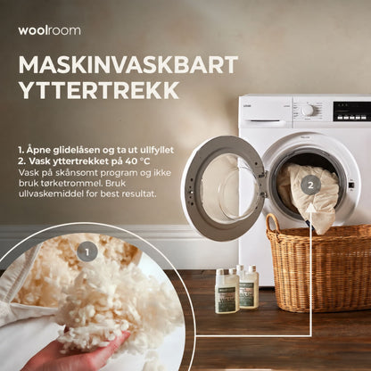 Slik vasker du yttertrekket til Woolroom ullpute i vaskemaskinen etter at ullfyllet er tatt ut